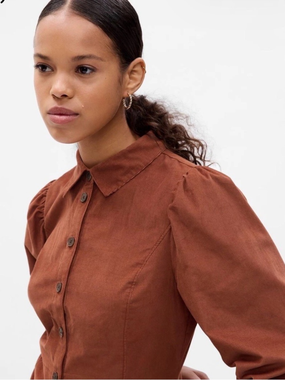 GAP Saddle Brown Corduroy Button-Front Puff Sleeve Mini Dress S 100% Cotton - Picture 3 of 13